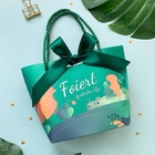 Green Art Paper Printed Paper Shopping Bag With Ribbon Handle Rope For Gift Package
