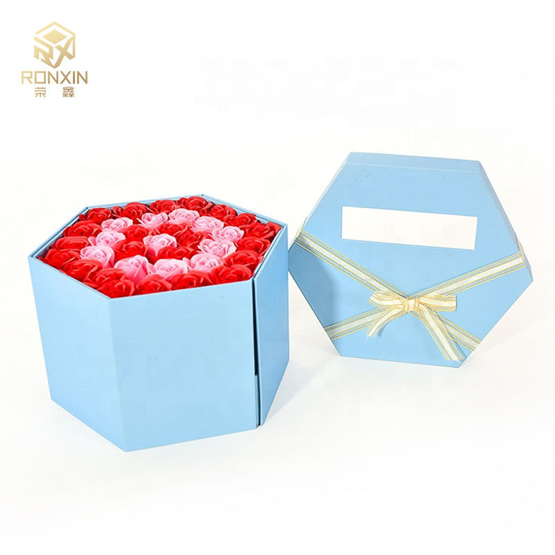 Blue Hexagonal Paperboard Gift Boxes With Ribbon For Gift Packaging